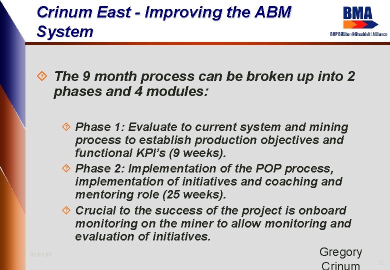 Crinum East - Improving the ABM System ´ The 9 month process can be