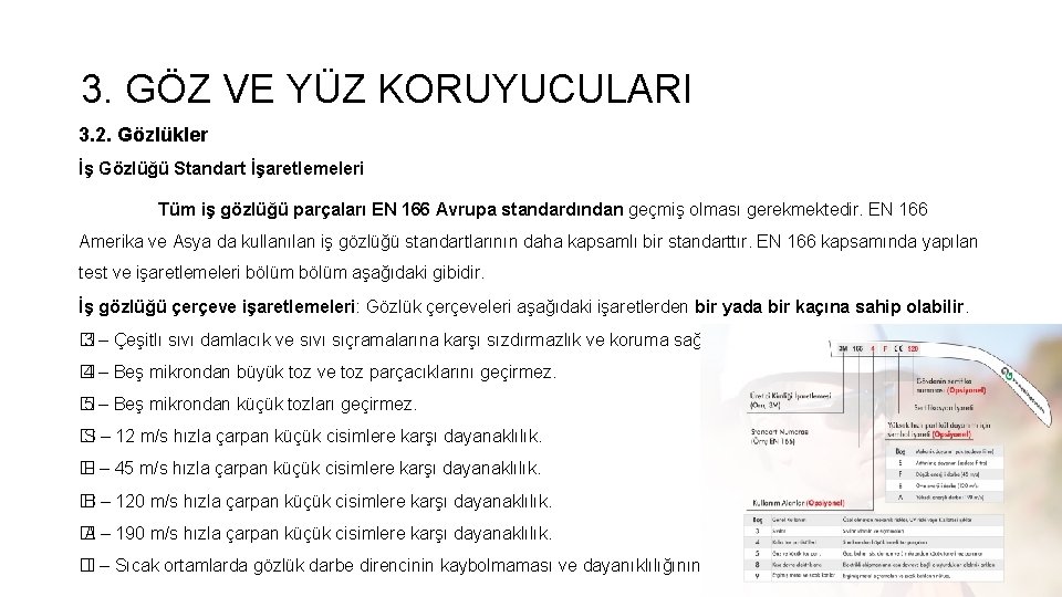 3. GÖZ VE YÜZ KORUYUCULARI 3. 2. Gözlükler İş Gözlüğü Standart İşaretlemeleri Tüm iş 3. GÖZ VE YÜZ KORUYUCULARI 3. 2. Gözlükler İş Gözlüğü Standart İşaretlemeleri Tüm iş