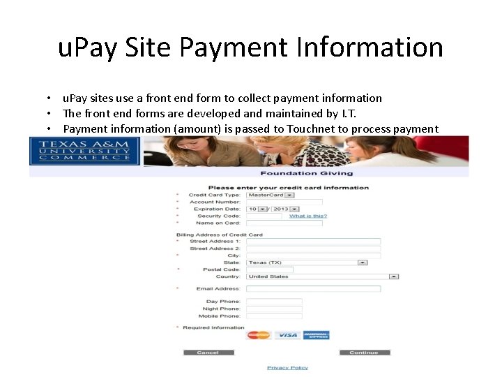 u. Pay Site Payment Information • u. Pay sites use a front end form