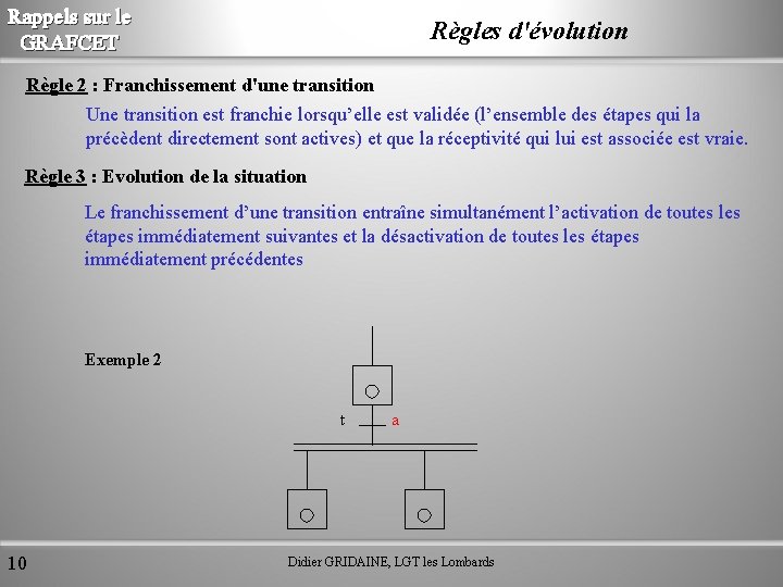 Rappels sur le GRAFCET Règles d'évolution Règle 2 : Franchissement d'une transition Une transition