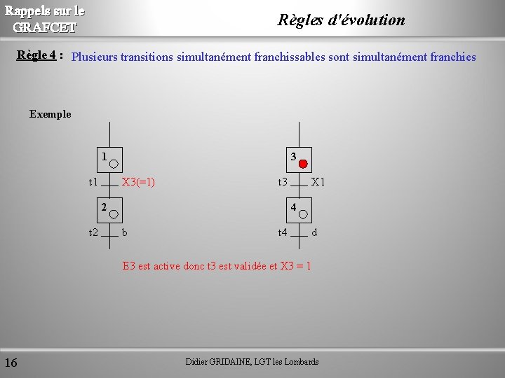 Rappels sur le GRAFCET Règles d'évolution Règle 4 : Plusieurs transitions simultanément franchissables sont