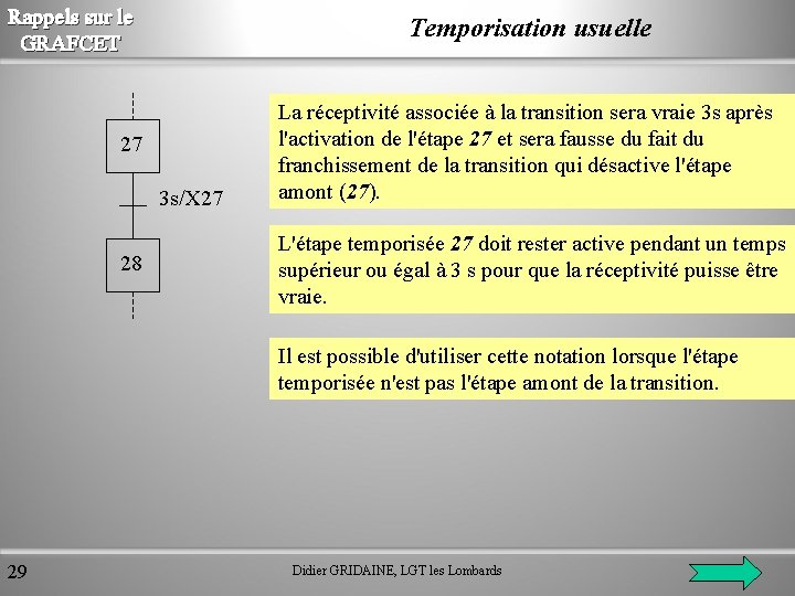 Rappels sur le GRAFCET Temporisation usuelle 27 3 s/X 27 28 La réceptivité associée