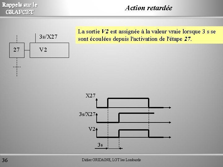 Rappels sur le GRAFCET Action retardée 3 s/X 27 27 La sortie V 2