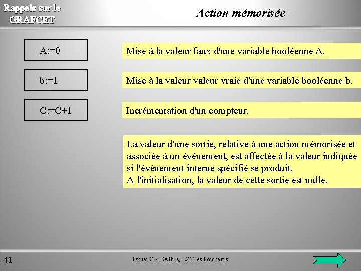 Rappels sur le GRAFCET Action mémorisée A: =0 Mise à la valeur faux d'une