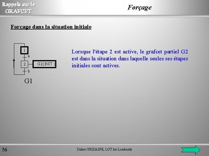 Rappels sur le GRAFCET Forçage dans la situation initiale 1 a G 2{INIT }