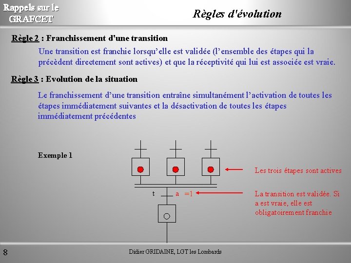 Rappels sur le GRAFCET Règles d'évolution Règle 2 : Franchissement d'une transition Une transition