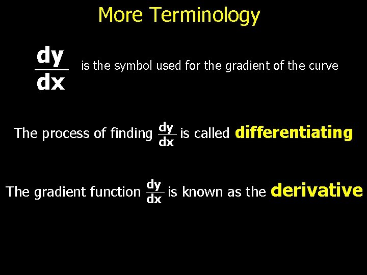 More Terminology dy dx is the symbol used for the gradient of the curve