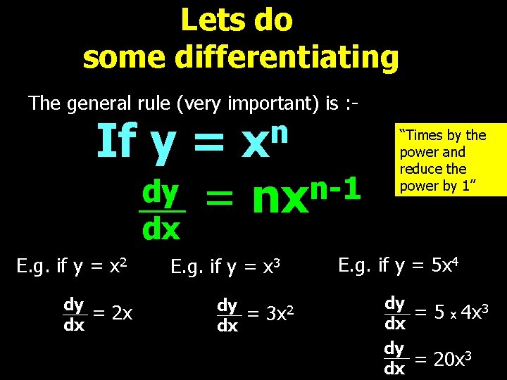 Lets do some differentiating The general rule (very important) is : - n x