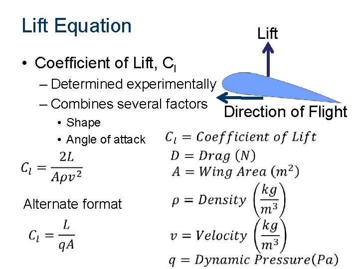 Lift Equation Lift • Coefficient of Lift, Cl – Determined experimentally – Combines several