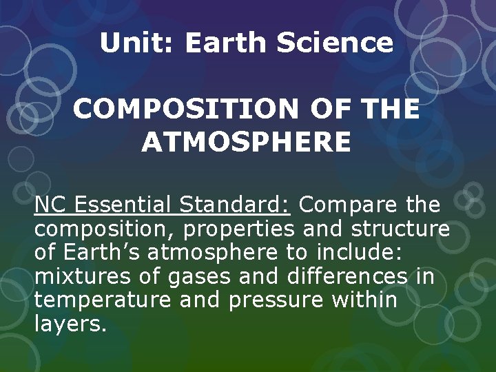 Unit: Earth Science COMPOSITION OF THE ATMOSPHERE NC Essential Standard: Compare the composition, properties Unit: Earth Science COMPOSITION OF THE ATMOSPHERE NC Essential Standard: Compare the composition, properties