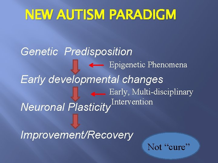 NEW AUTISM PARADIGM Genetic Predisposition Epigenetic Phenomena Early developmental changes Early, Multi-disciplinary Intervention Neuronal