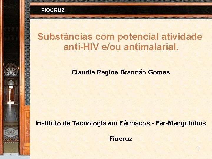 FIOCRUZ Substâncias com potencial atividade anti-HIV e/ou antimalarial. Claudia Regina Brandão Gomes Instituto de