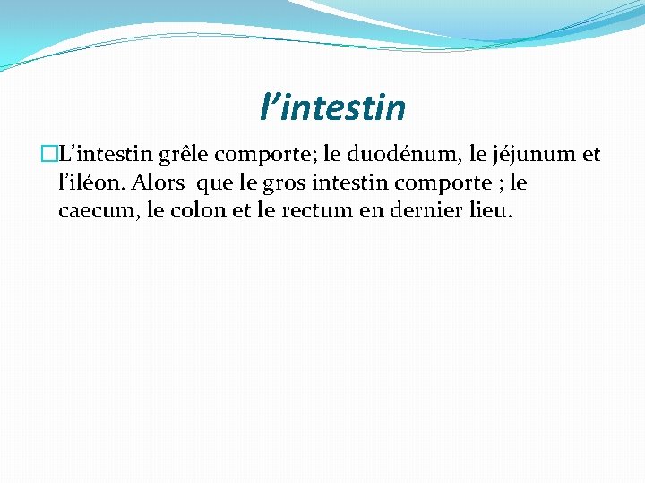 l’intestin �L’intestin grêle comporte; le duodénum, le jéjunum et l’iléon. Alors que le gros