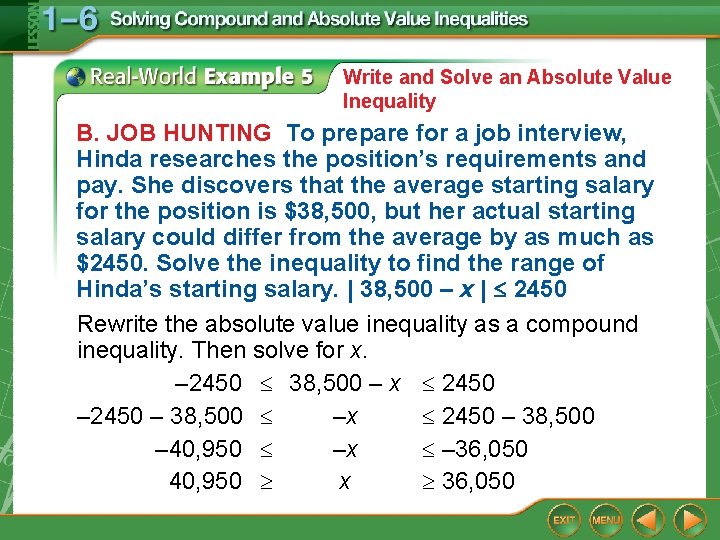 Write and Solve an Absolute Value Inequality B. JOB HUNTING To prepare for a