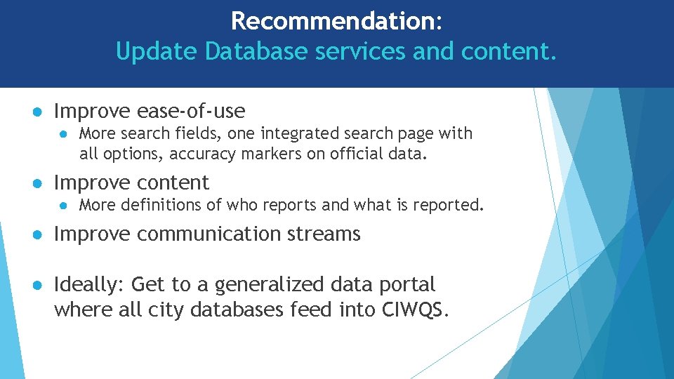 Recommendation: Update Database services and content. ● Improve ease-of-use ● More search fields, one