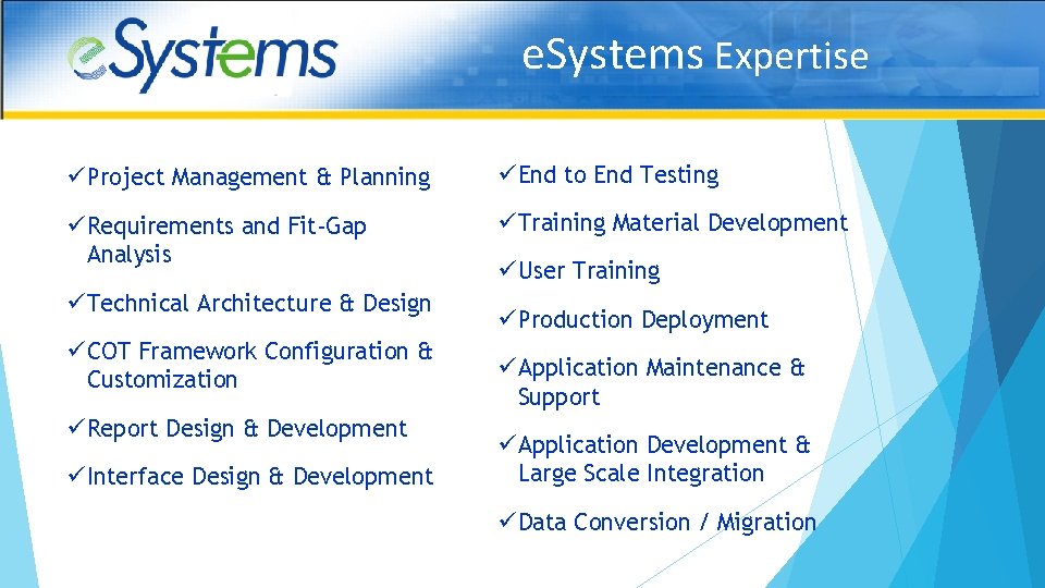 e. Systems Expertise ü Project Management & Planning ü End to End Testing ü