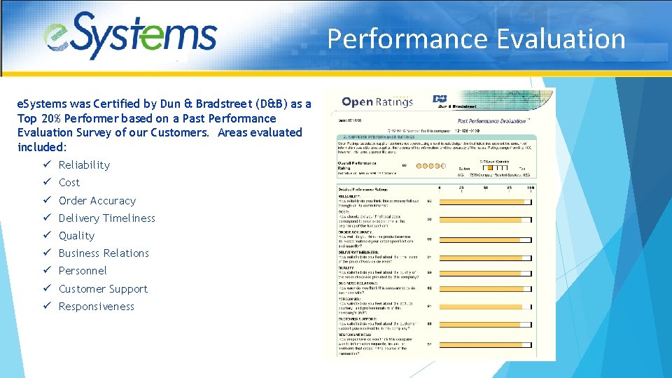 Performance Evaluation e. Systems was Certified by Dun & Bradstreet (D&B) as a Top