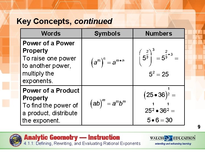 Key Concepts, continued Words Symbols Numbers Power of a Power Property To raise one