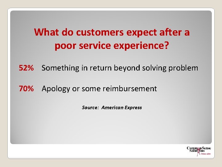 What do customers expect after a poor service experience? 52% Something in return beyond