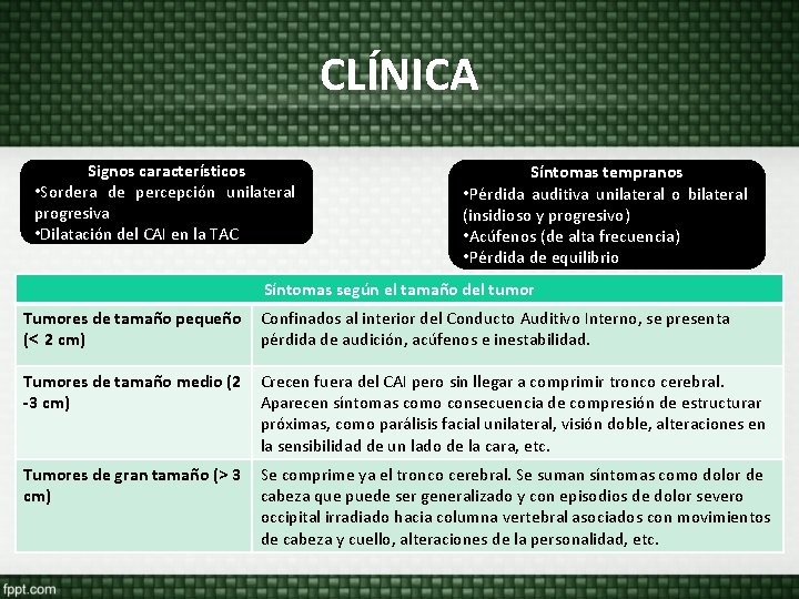 CLÍNICA Signos característicos • Sordera de percepción unilateral progresiva • Dilatación del CAI en CLÍNICA Signos característicos • Sordera de percepción unilateral progresiva • Dilatación del CAI en