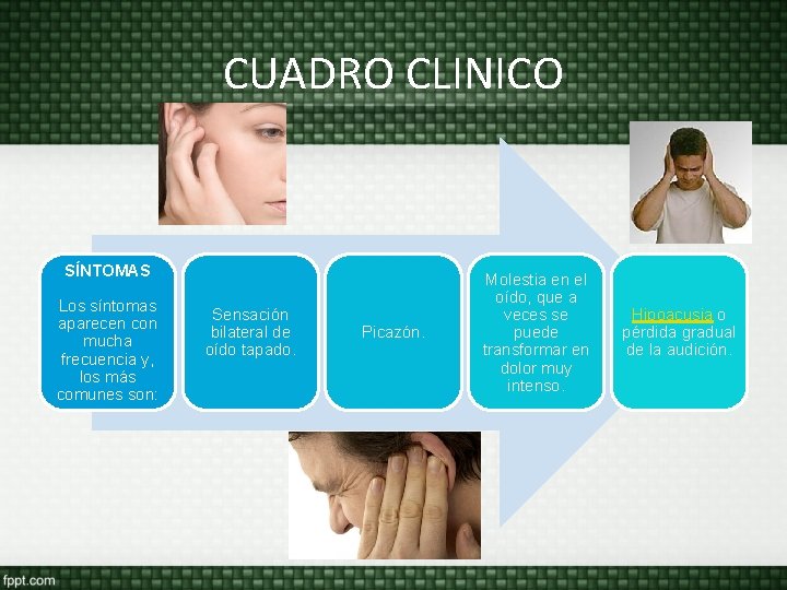 CUADRO CLINICO SÍNTOMAS Los síntomas aparecen con mucha frecuencia y, los más comunes son: CUADRO CLINICO SÍNTOMAS Los síntomas aparecen con mucha frecuencia y, los más comunes son: