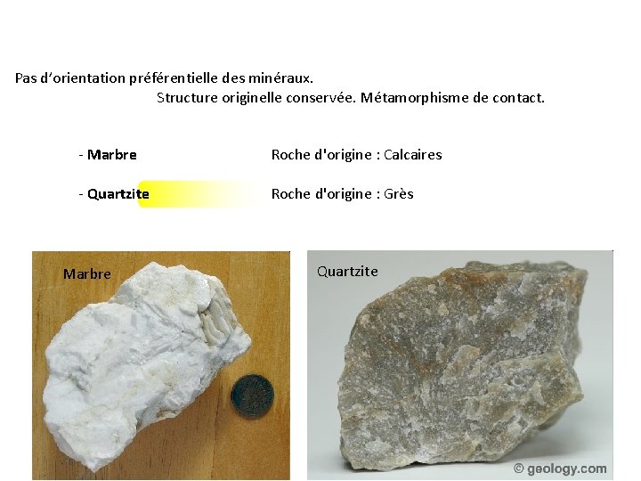Pas d’orientation préférentielle des minéraux. Structure originelle conservée. Métamorphisme de contact. - Marbre Roche Pas d’orientation préférentielle des minéraux. Structure originelle conservée. Métamorphisme de contact. - Marbre Roche