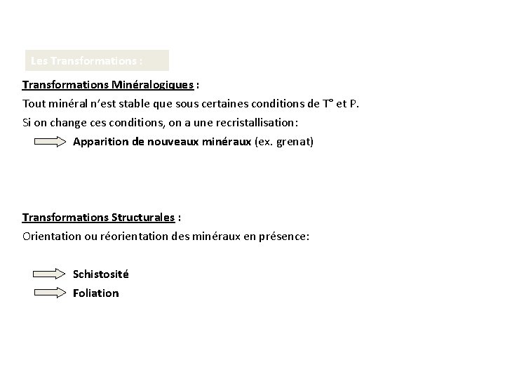 Les Transformations : Transformations Minéralogiques : Tout minéral n’est stable que sous certaines conditions Les Transformations : Transformations Minéralogiques : Tout minéral n’est stable que sous certaines conditions