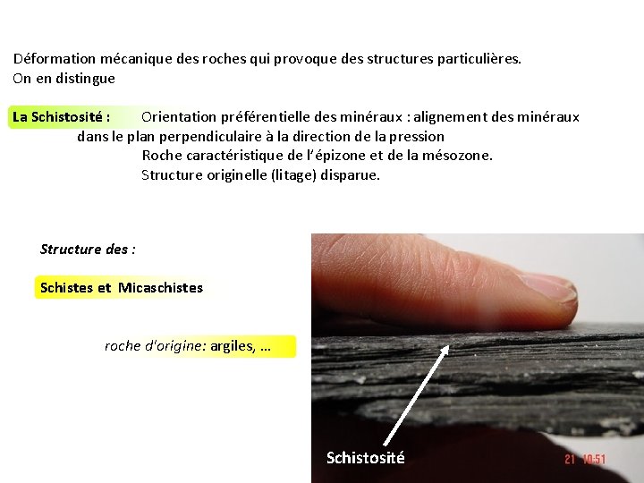 Déformation mécanique des roches qui provoque des structures particulières. On en distingue La Schistosité Déformation mécanique des roches qui provoque des structures particulières. On en distingue La Schistosité