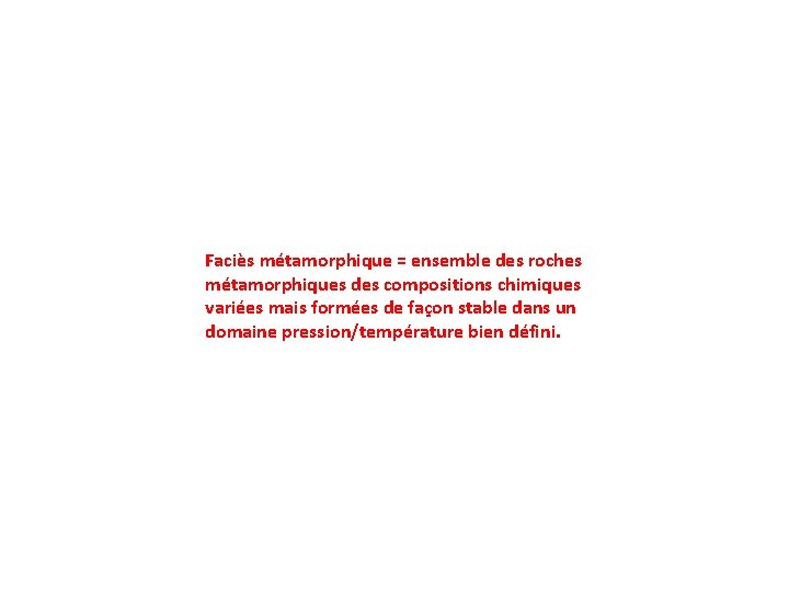 Faciès métamorphique = ensemble des roches métamorphiques des compositions chimiques variées mais formées de Faciès métamorphique = ensemble des roches métamorphiques des compositions chimiques variées mais formées de