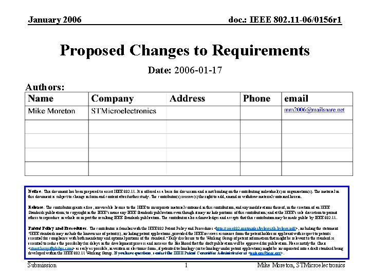 January 2006 doc. : IEEE 802. 11 -06/0156 r 1 Proposed Changes to Requirements