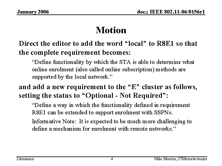 January 2006 doc. : IEEE 802. 11 -06/0156 r 1 Motion Direct the editor