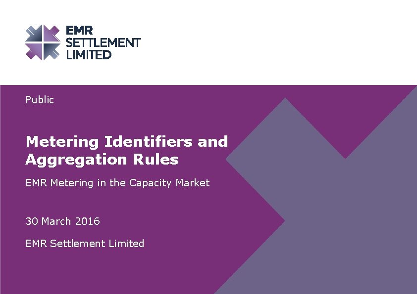 Public Metering Identifiers and Aggregation Rules EMR Metering in the Capacity Market 30 March