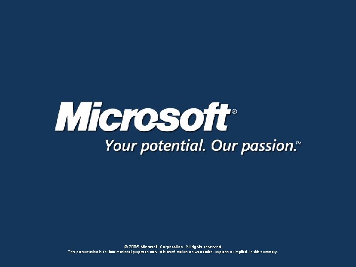 © 2005 Microsoft Corporation. All rights reserved. This presentation is for informational purposes only. © 2005 Microsoft Corporation. All rights reserved. This presentation is for informational purposes only.