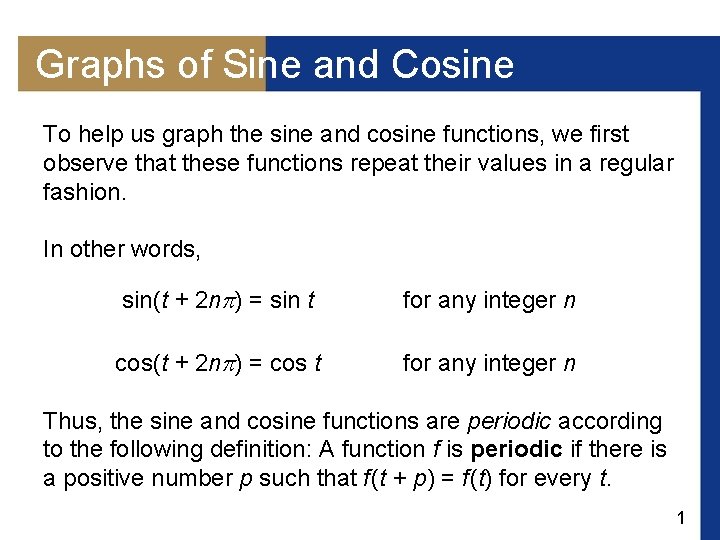 Graphs of Sine and Cosine To help us graph the sine and cosine functions,