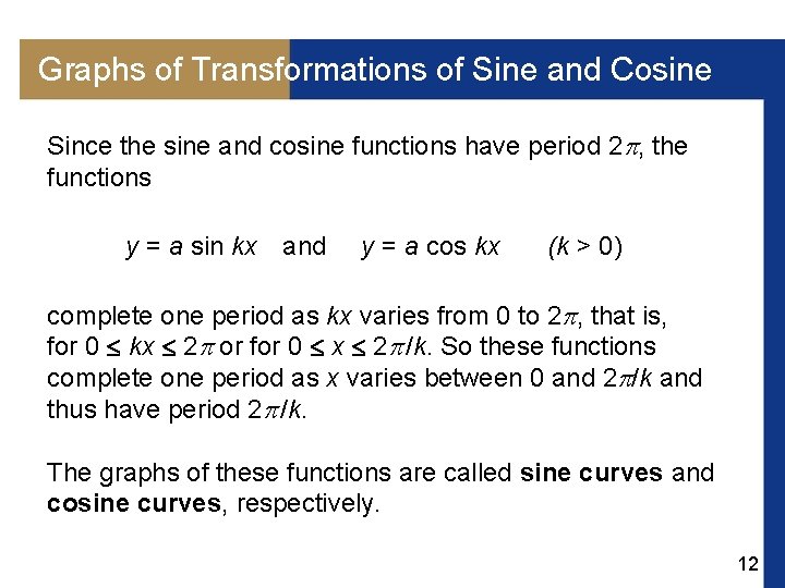 Graphs of Transformations of Sine and Cosine Since the sine and cosine functions have