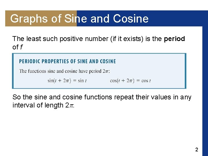 Graphs of Sine and Cosine The least such positive number (if it exists) is