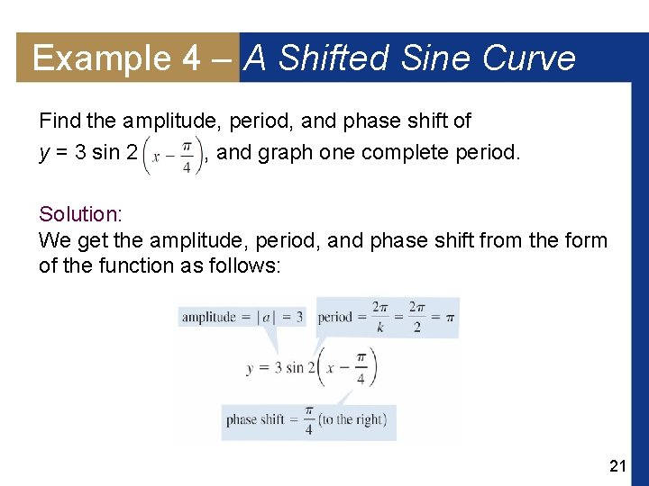 Example 4 – A Shifted Sine Curve Find the amplitude, period, and phase shift