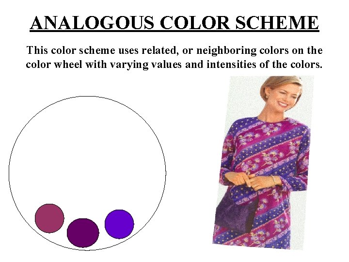 ANALOGOUS COLOR SCHEME This color scheme uses related, or neighboring colors on the color