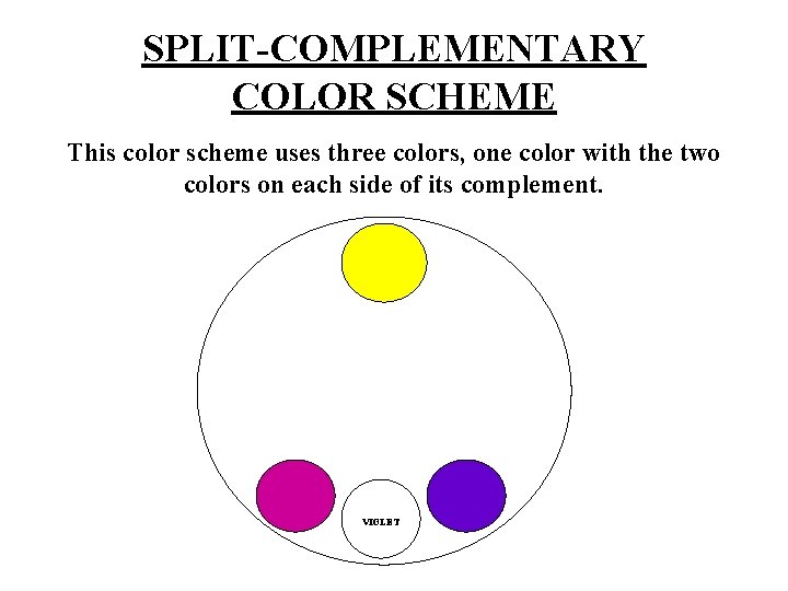 SPLIT-COMPLEMENTARY COLOR SCHEME This color scheme uses three colors, one color with the two