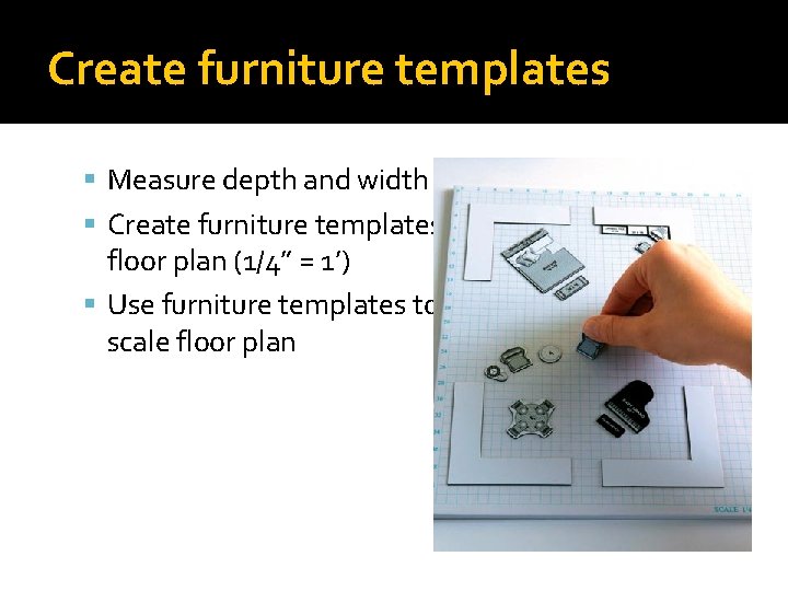 Create furniture templates Measure depth and width of furniture Create furniture templates using same Create furniture templates Measure depth and width of furniture Create furniture templates using same