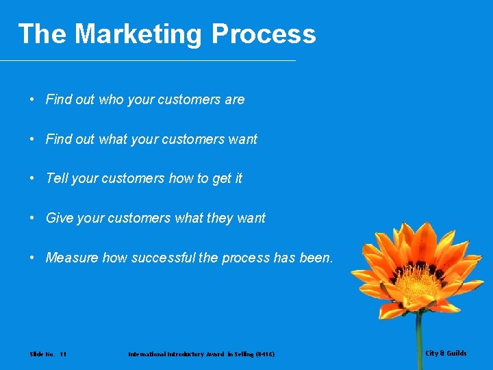 The Marketing Process • Find out who your customers are • Find out what