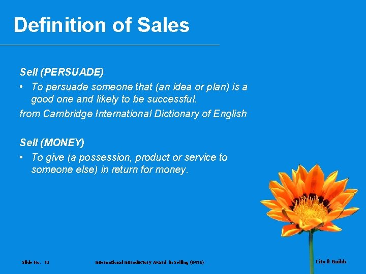 Definition of Sales Sell (PERSUADE) • To persuade someone that (an idea or plan)