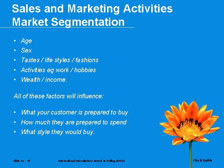 Sales and Marketing Activities Market Segmentation • Age • Sex • Tastes / life