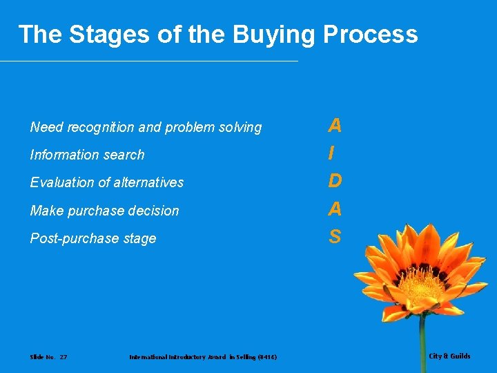 The Stages of the Buying Process Need recognition and problem solving Information search Evaluation