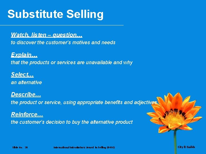 Substitute Selling Watch, listen – question… to discover the customer’s motives and needs Explain…