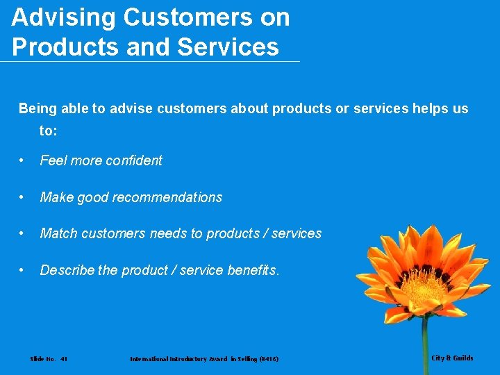 Advising Customers on Products and Services Being able to advise customers about products or