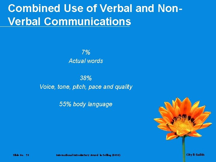 Combined Use of Verbal and Non. Verbal Communications 7% Actual words 38% Voice, tone,