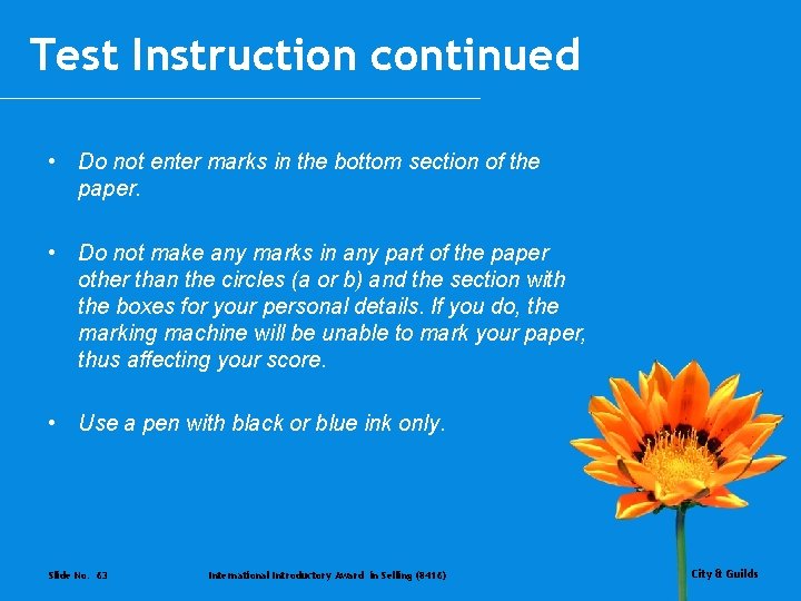 Test Instruction continued • Do not enter marks in the bottom section of the