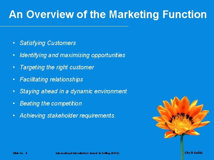 An Overview of the Marketing Function • Satisfying Customers • Identifying and maximising opportunities