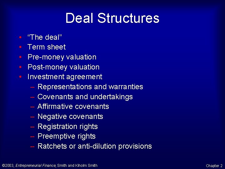 Deal Structures • • • “The deal” Term sheet Pre-money valuation Post-money valuation Investment Deal Structures • • • “The deal” Term sheet Pre-money valuation Post-money valuation Investment